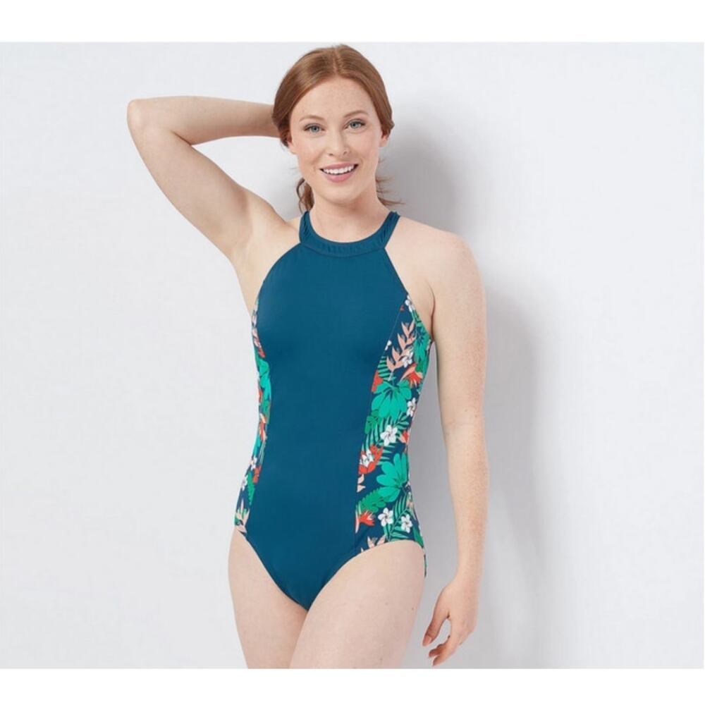 Denim & Co. Beach H-Back Halter Blocked One-Piece Swimsuit Womens Mallard Blue 8